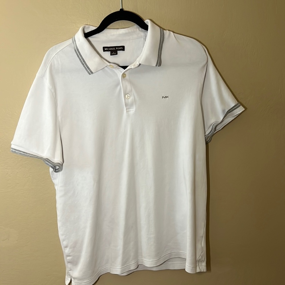 Michael Kors white with gray striped collar and sleeve.